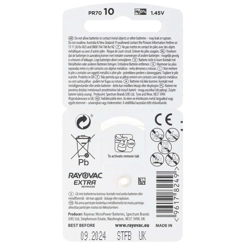 Rayovac 10x 6 Stück Rayovac Hörgerätebatterie Varta HA10, PR70, 4610, Acoustic Special