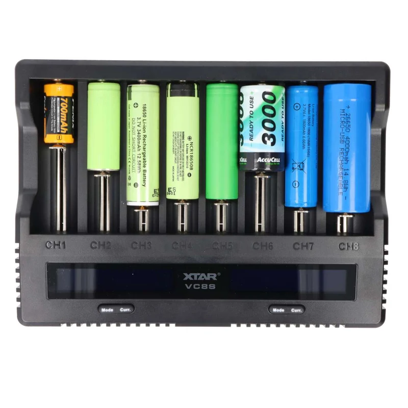 XTAR VC8S 8fach Schnell-Ladegerät für 1-8 Li-Ion 3,6V und 3,7V Akku und NiMH 1,2V Akku, USB-C-Ladeanschluss, max. 8A Gesamtleistung