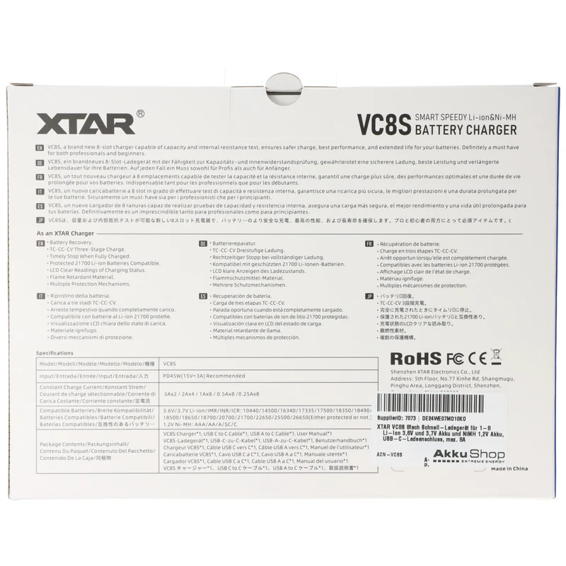 XTAR VC8S 8fach Schnell-Ladegerät für 1-8 Li-Ion 3,6V und 3,7V Akku und NiMH 1,2V Akku, USB-C-Ladeanschluss, max. 8A Gesamtleistung