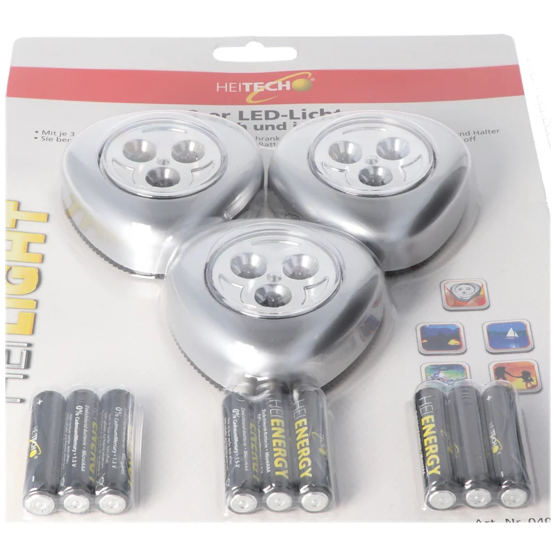 Heitech LED-Licht 3er-Set, Drück mich und ich leuchte, Mini LED-Leuchten, kabellos, inklusive Batterien