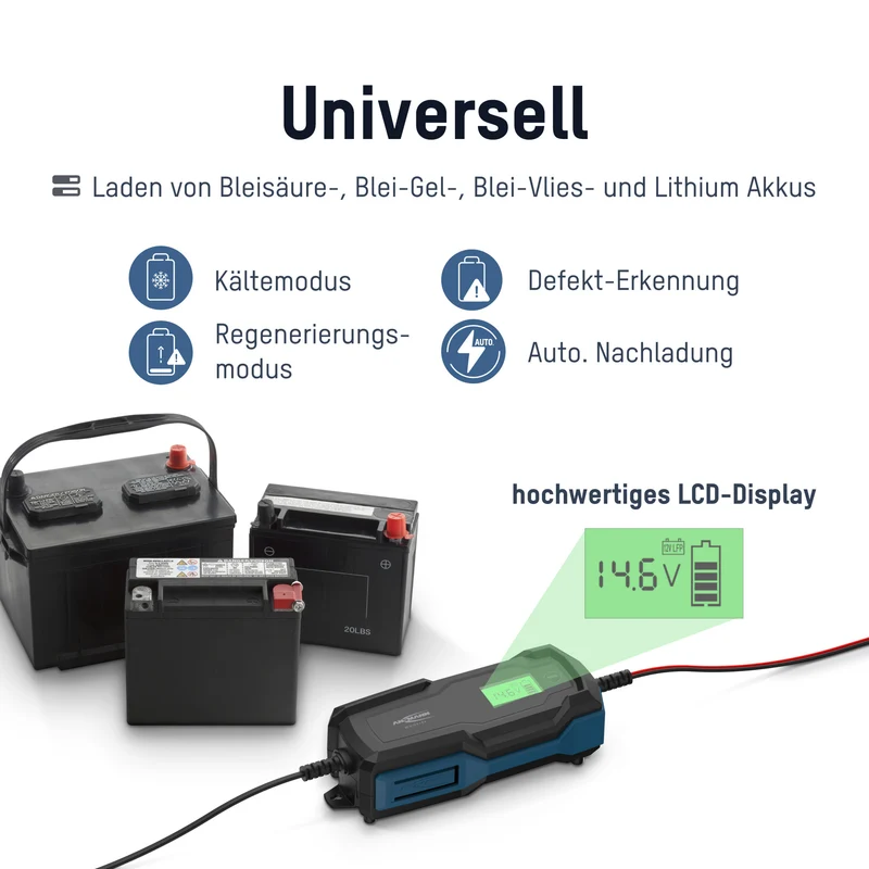 Ansmann BC 6-12V/4A 10-Stufen Kfz-Ladegerät für 6V und 12V Blei-Säure-, Blei-Gel- und Blei-Vlies-Batterien, sowie 12V LiFePO4 Batterien