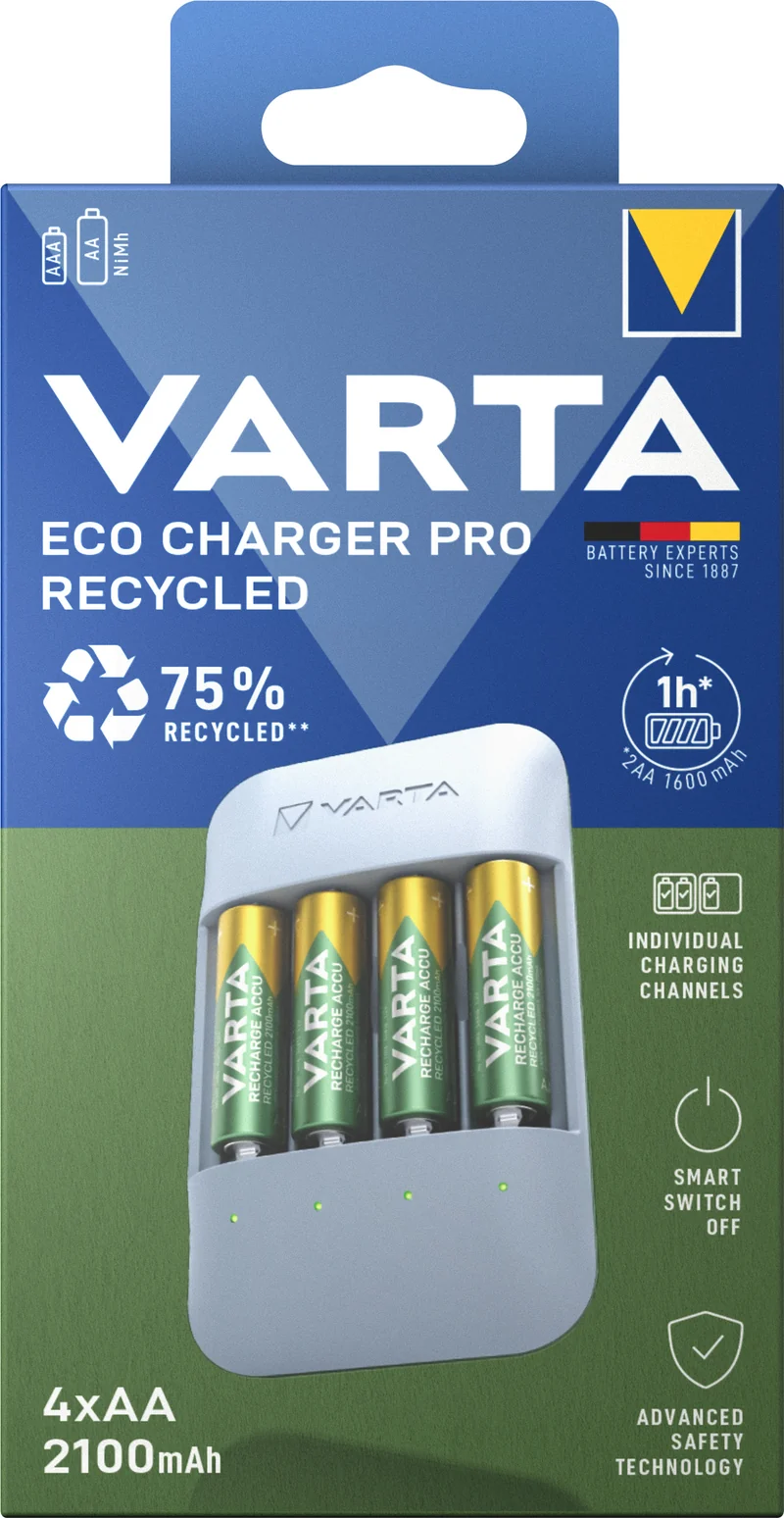 Varta Akku NiMH, Universal Ladegerät, Eco Charger Pro Recycled, inkl. Akkus, 4x Mignon, AA, 2100mAh, Retail