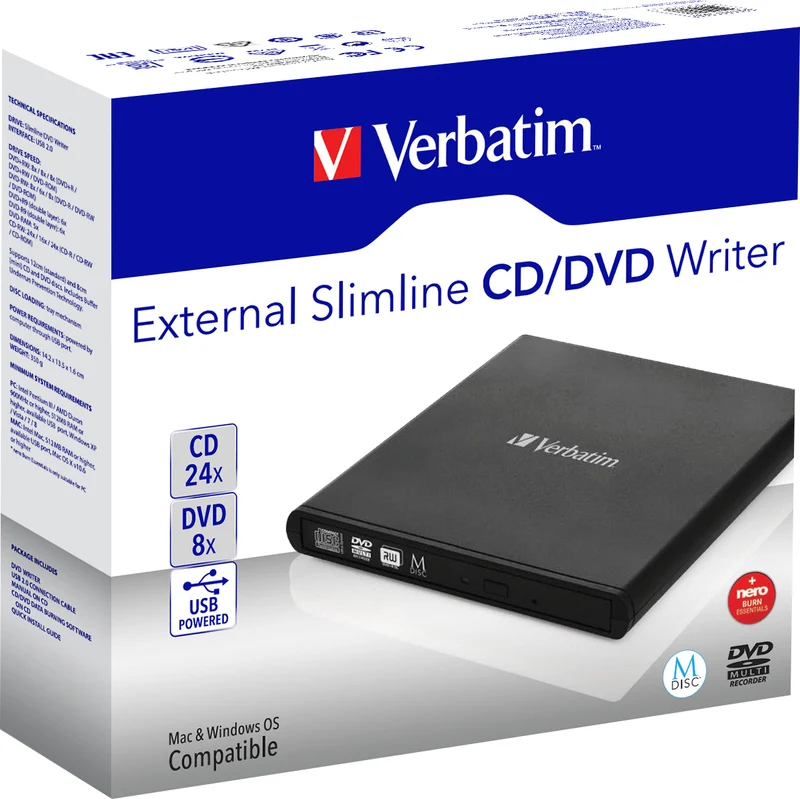Verbatim DVD Recorder, USB 2.0, 8x/6x/24x, Slimline Portable, schwarz, M-DISC, Software, Retail