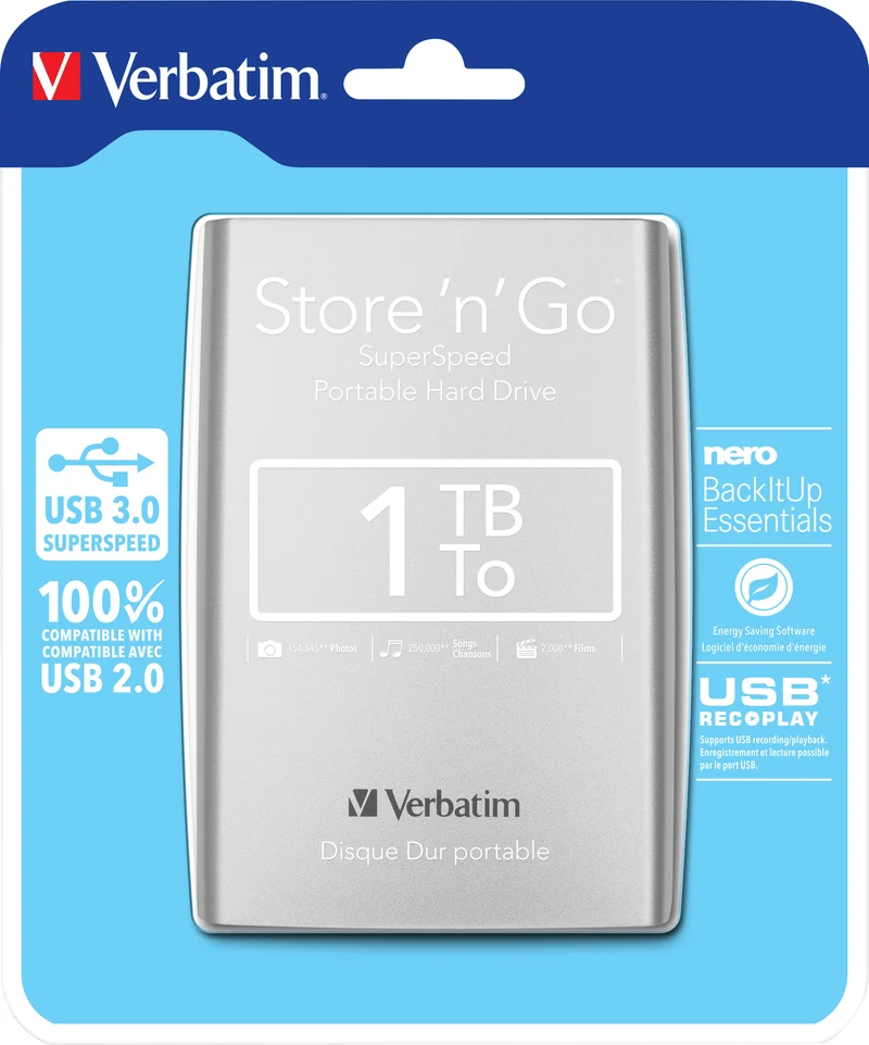 Verbatim Festplatte 1TB, USB 3.0, 6.35cm (2.5''), silber Store´n´Go, Portable, Software Nero Backup, Retail