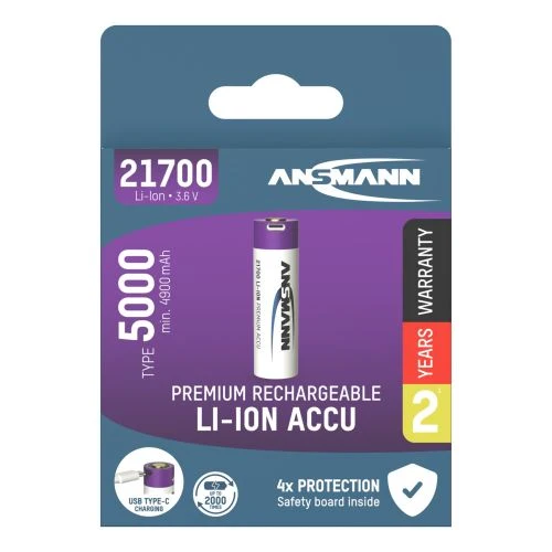 Ansmann 21700 Li-Ion Akku mit USB-C Ladebuchse, 3,6V 5000mAh, mit Schutzschaltung