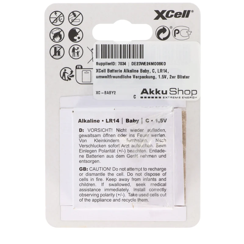 XCell Batterie Alkaline Baby, C, LR14, umweltfreundliche Verpackung, 1.5V, 2er Blister