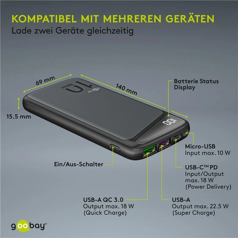 Goobay Schnelllade-Powerbank 10.000 mAh (USB-C™ PD, QC 3.0) - Leistungsstarke Powerbank mit Statusanzeige, Quick Charge-kompatibel