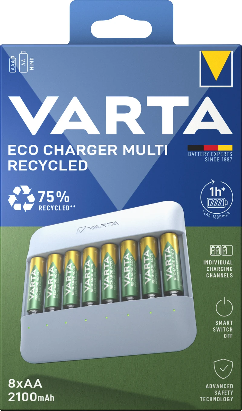 Varta Akku NiMH, Universal Ladegerät, Eco Charger Multi Recycled, inkl. Akkus, 8x Mignon, AA, 2100mAh, Retail