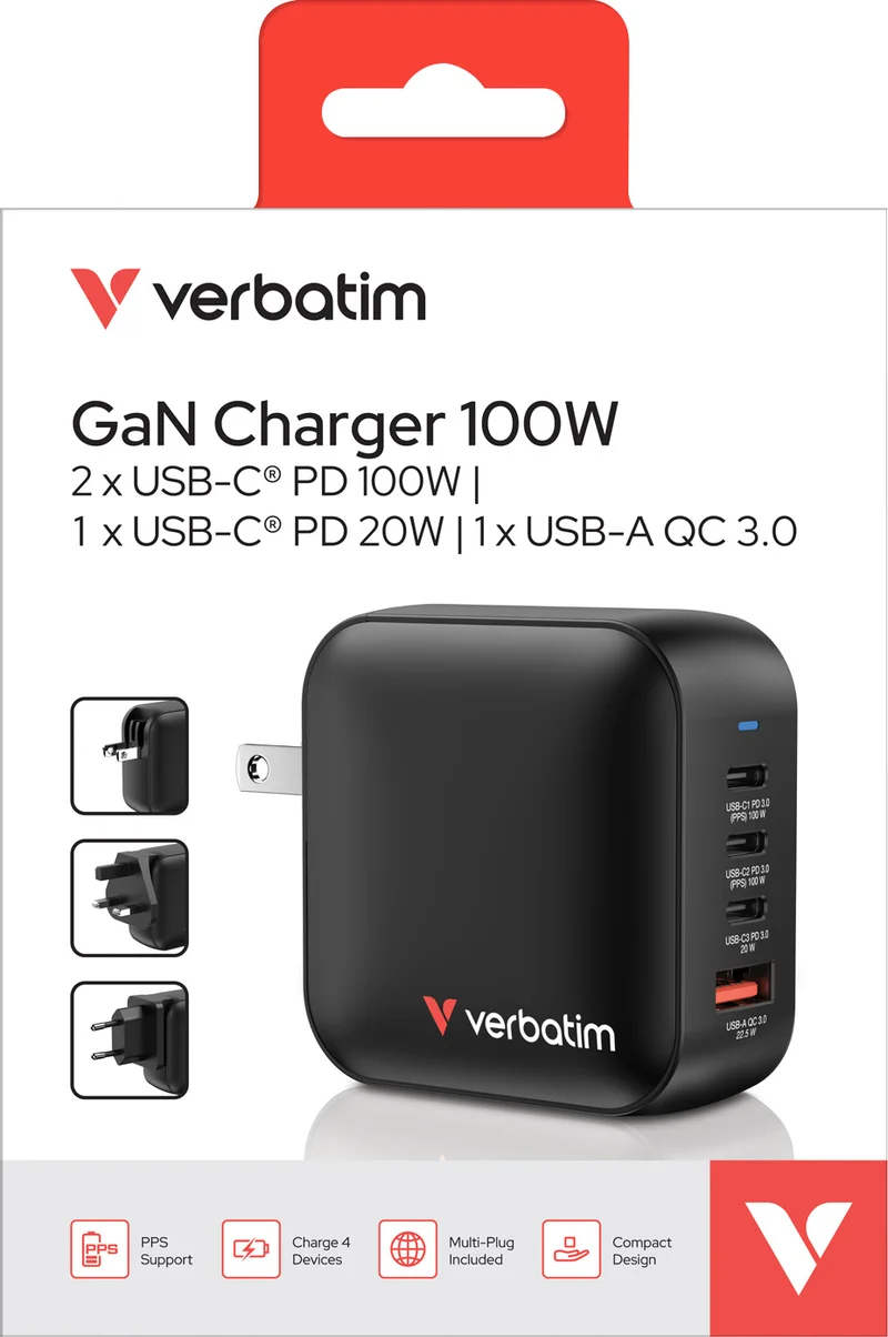 Verbatim Ladeadapter, Mini GaN, 100W, schwarz 1x USB-A QC, 3x USB-C PD, Retail