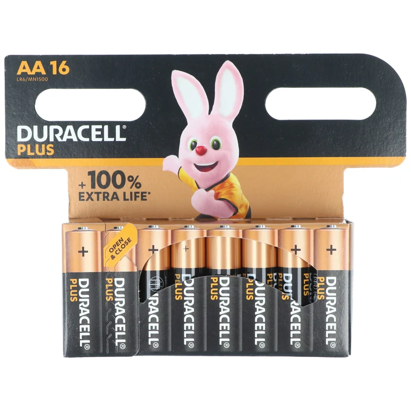 Duracell Batterie Alkaline, Mignon, AA, LR06, 1.5V Plus, Extra Life, Retail Blister (16-Pack)