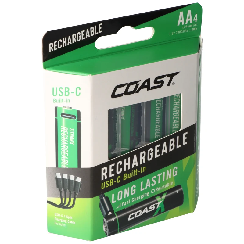 COAST 2400mAh Mignon AA 1,5V ZITHION-X® Lithium-Ionen Akkus, inkl. 4in1 USB-C Ladekabel