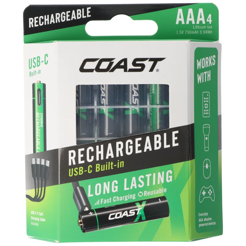 COAST 750mAh Micro AAA 1,5V ZITHION-X® Lithium-Ionen Akkus, inkl. 4in1 USB-C Ladekabel