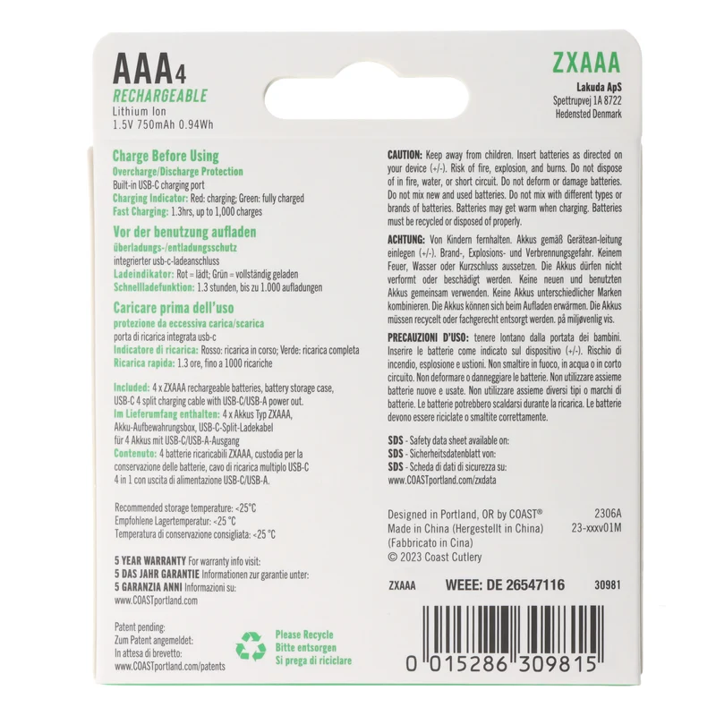 COAST 750mAh Micro AAA 1,5V ZITHION-X® Lithium-Ionen Akkus, inkl. 4in1 USB-C Ladekabel