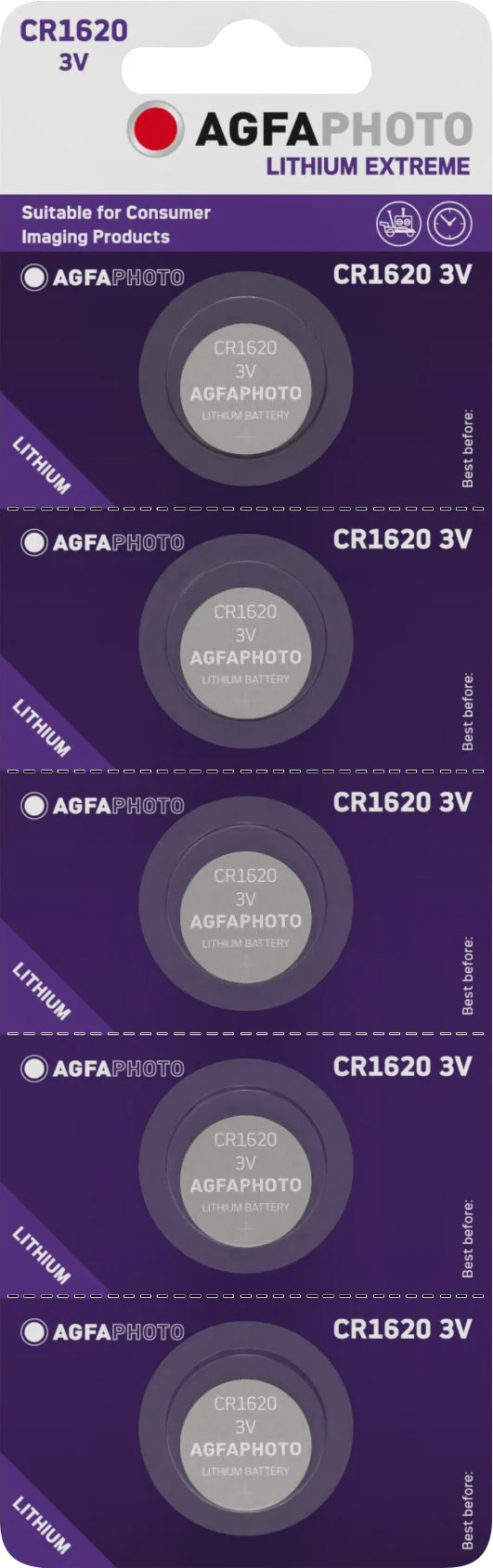 Agfaphoto Batterie Lithium, Knopfzelle, CR1620, 3V Extreme, Retail Blister (5-Pack)