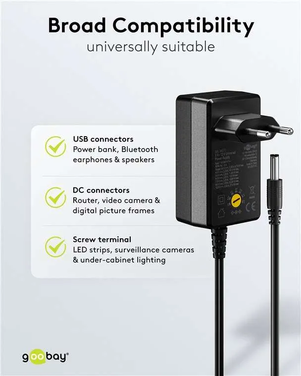 Goobay Universal-Netzteil (3 V - 12 V, max. 27 W / 2,25 A) - inkl. 11 Adapter: 7 DC-Adapter plus USB-C™, USB-A, USB Mini-B, Micro-USB und Schraubklemmenanschluss