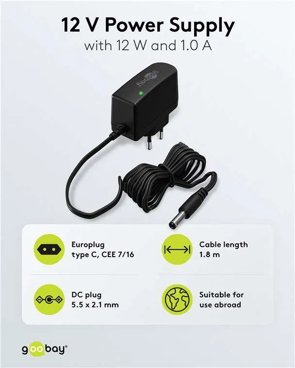 Goobay 12-V-Netzteil (12 W / 1,0 A) - mit DC-Stecker 5,5 mm x 2,1 mm