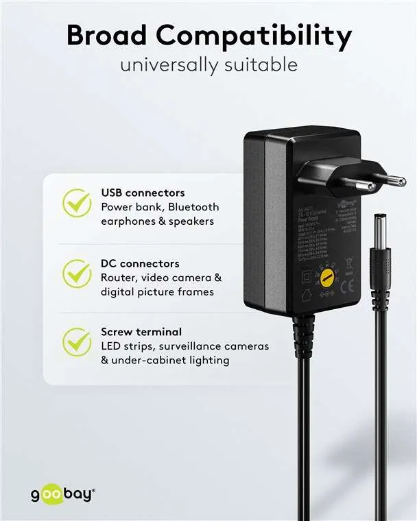 Goobay Universal-Netzteil (3 V - 12 V, max. 7,2 W / 0,6 A) - inkl. 11 Adapter: 7 DC-Adapter plus USB-C™, USB-A, USB Mini-B, Micro-USB und Schraubklemmenanschluss