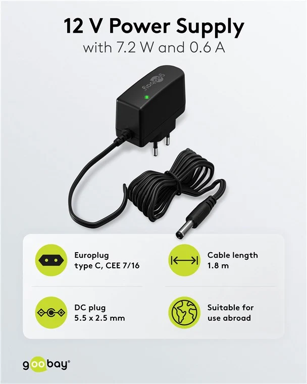 Goobay 12-V-Netzteil (7,2 W / 0,6 A) - mit DC-Stecker 5,5 mm x 2,5 mm