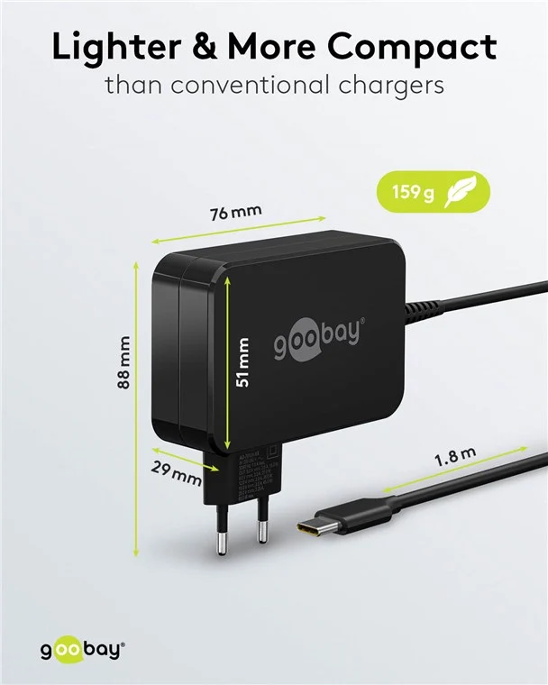 Goobay USB-C™-Ladegerät für Laptops (65 W) schwarz - kompaktes Notebook-Netzteil mit Schnellladefunktion (Power Delivery)