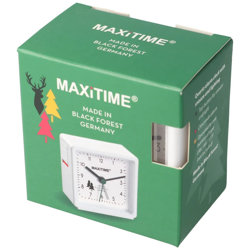 Maxitime Quarz-Wecker weiß mit Licht und Schlummer­taste, mit Batterie, hergestellt im Schwarzwald