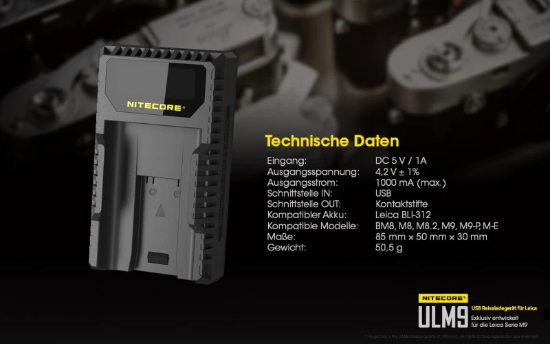 Nitecore ULM9 USB-Ladegerät für Leica Cameras