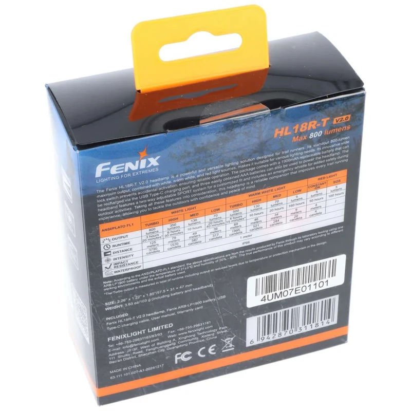 Fenix HL18R-T V2.0 LED Stirnlampe, drei Lichtquellen, max. 800 Lumen, Slide Lock Switch, schwarz