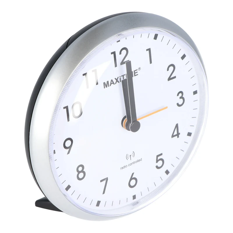 Maxitime Analog-Funkwecker Silber mit weißem Ziffernblatt mit Licht und Snooze-Funktion