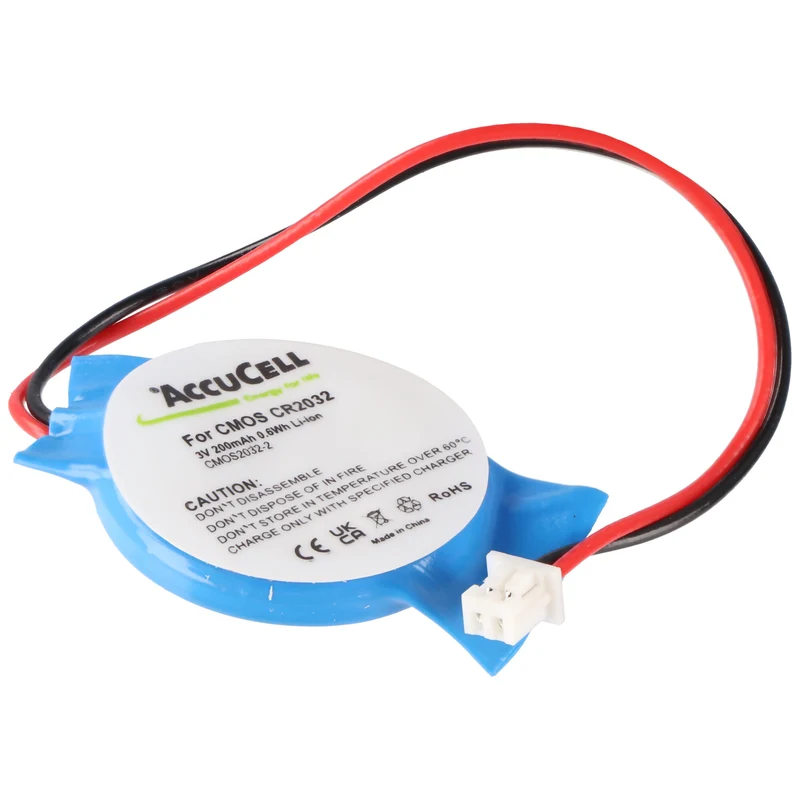 AccuCell CMOS Batterie CR2032 mit Stecker, Backup Lithium Batterie, Stecker ca. 3,2x4mm, Kabellänge 7 cm