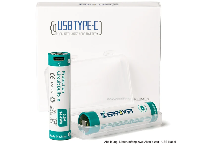 Keeppower 18650 - *4000mAh, Li-Ionen 3,7V - 3,6V - **PCB geschützt, mit USB-C Lademöglichkeit P1840TC