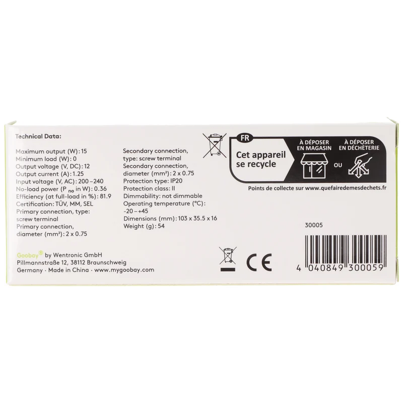 Goobay LED-Trafo 12 V/15 W 12 V DC für LEDs bis 15 W Gesamtlast 103x35,5x16mm