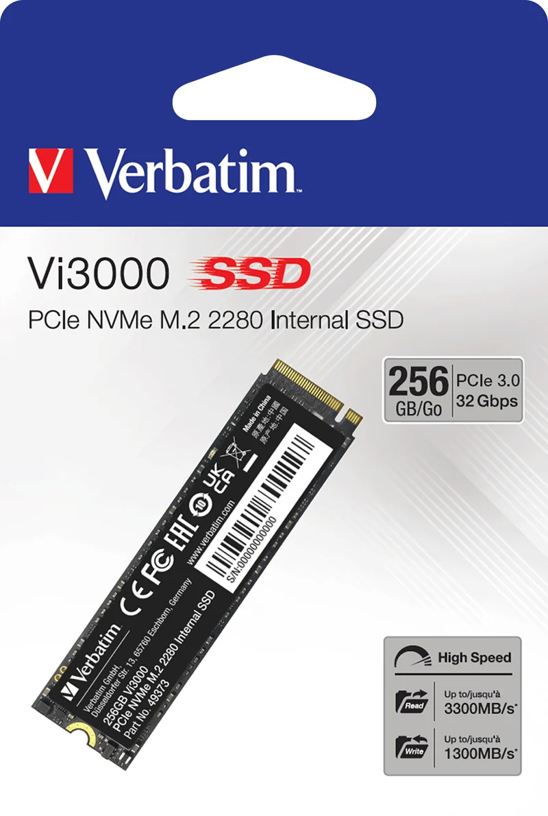 Verbatim SSD 256GB, PCIe 3.0, M.2 2280, NVMe, Vi3000 (R) 3300MB/s, (W) 1300MB/s, Retail