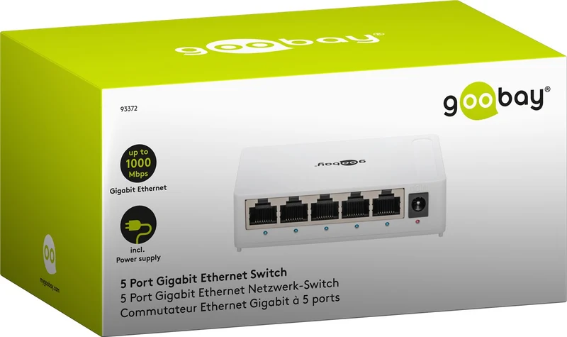 Goobay 5-Port Gigabit Ethernet Netzwerk-Switch - 5x RJ45-Buchsen, Auto-Negotiation, 1000 Mbit/s