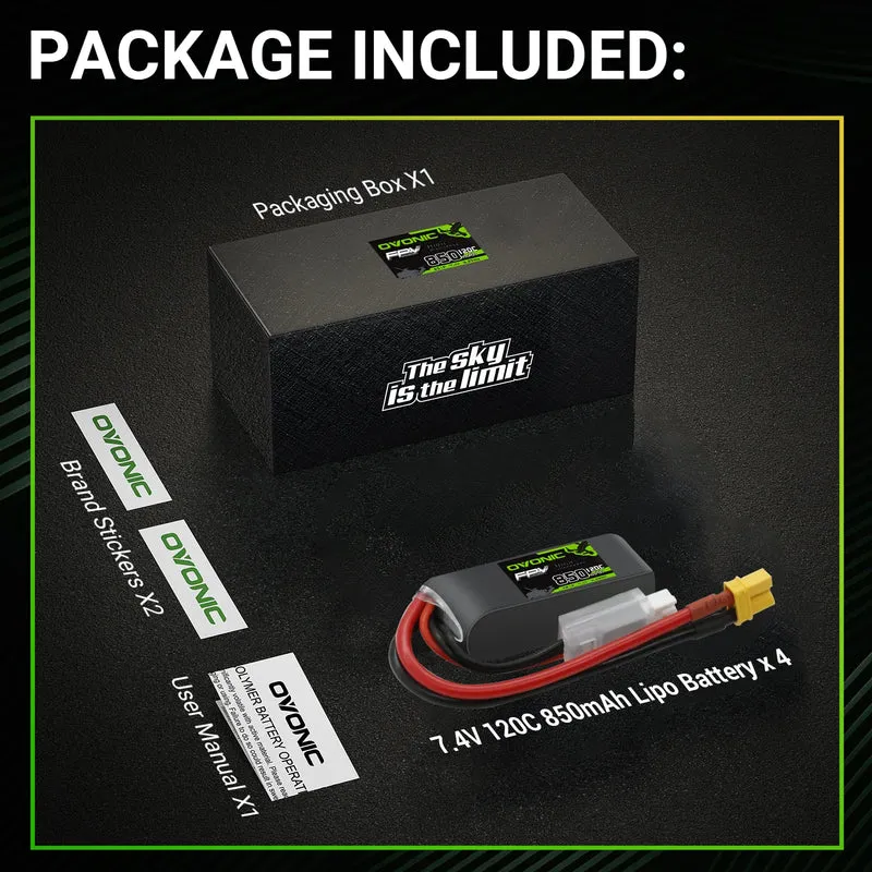 OVONIC FPV 2S 850mAh Lipo Akku 2S1P 120C 7,4V LiPo Akku mit XT30 (2 Stück)