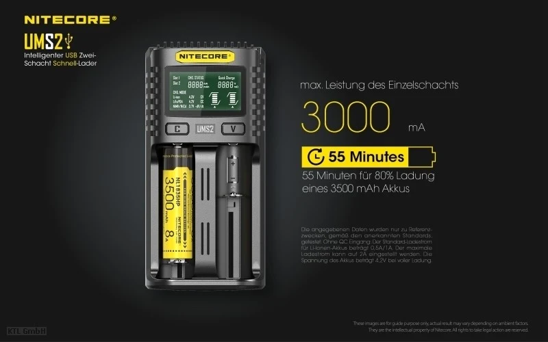 Nitecore UMS2 USB-Schnell-Ladegerät QC 2.0 kompatibel für Li-Ion Akkus