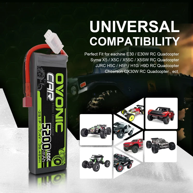 Ovonic Car 2S Lipo Akku 5200mAh 2S1P 100C 7,4V RC Lipo Akku HardCase mit Deans T Stecker (2 Stück)