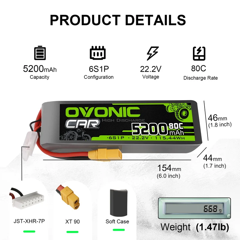 Ovonic Car 6S LiPo Akku 5200mAh 6S1P 80C 22,2V Akku mit XT90 Stecker