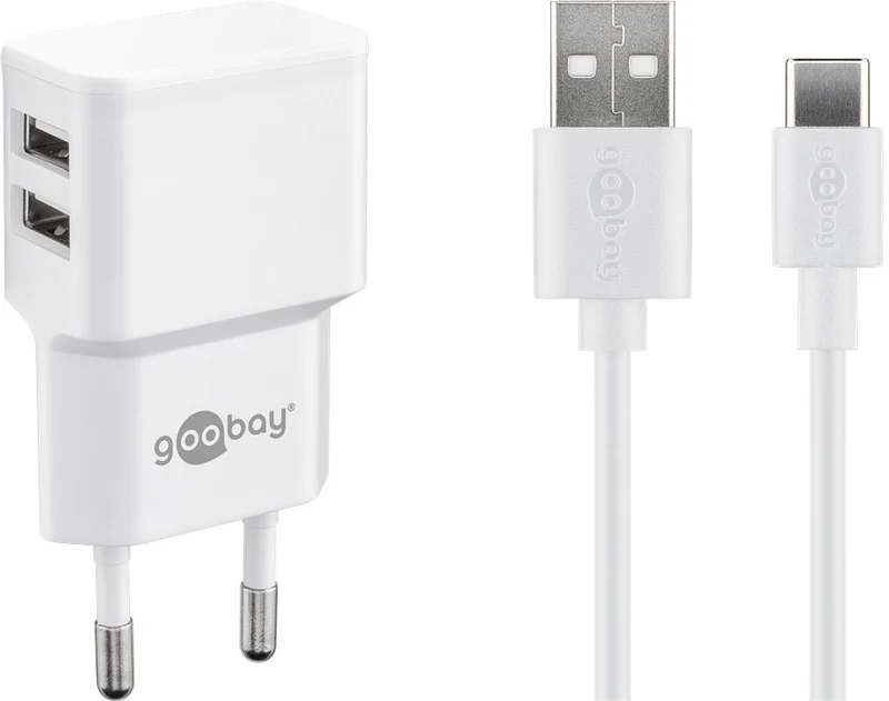 Goobay Dual Ladeset 2,4 A, Netzteil mit 2x USB-Ausgang inklusive USB-Ladekabel, weiß