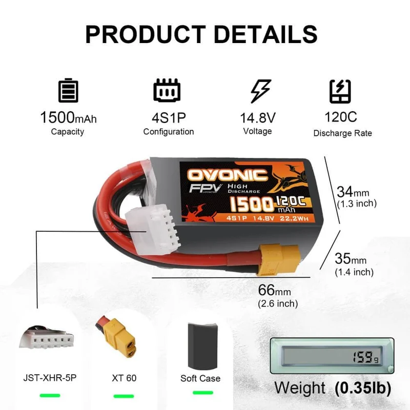 Ovonic FPV 4S 1500mAh 120C 4S1P 14,8V LiPo-Akku mit XT60-Stecker (2 Stück)
