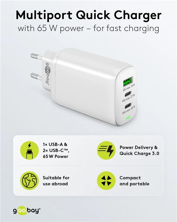 Goobay USB-C™ PD 3-fach Multiport-Schnellladegerät (65 W) weiß - 2x USB-C™-Anschlüsse (Power Delivery) und 1x USB-A-Anschluss (Quick Charge) - weiß
