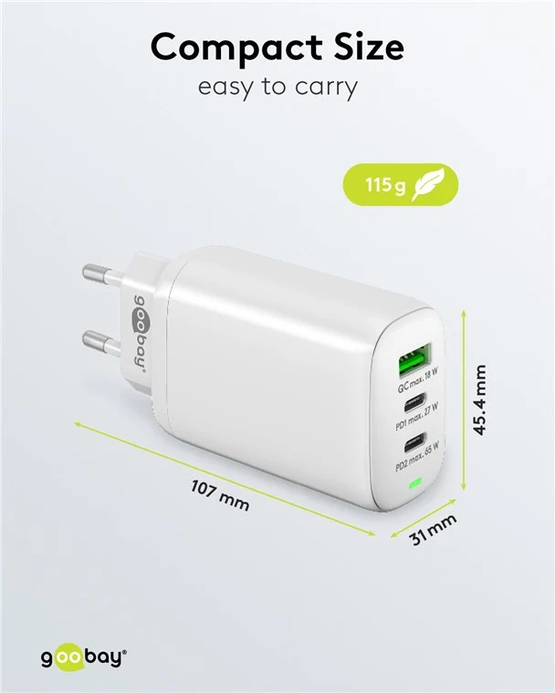 Goobay USB-C™ PD 3-fach Multiport-Schnellladegerät (65 W) weiß - 2x USB-C™-Anschlüsse (Power Delivery) und 1x USB-A-Anschluss (Quick Charge) - weiß