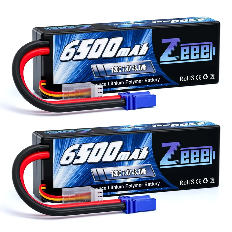 Zeee 2S Lipo-Akku 2S 6500mAh 7,4V 120C Hardcase RC-Autoakku mit EC5-Anschluss (2 St.)
