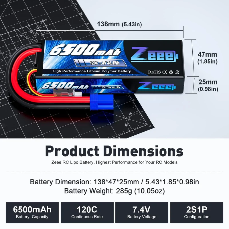 Zeee 2S Lipo-Akku 2S 6500mAh 7,4V 120C Hardcase RC-Autoakku mit EC5-Anschluss (2 St.)