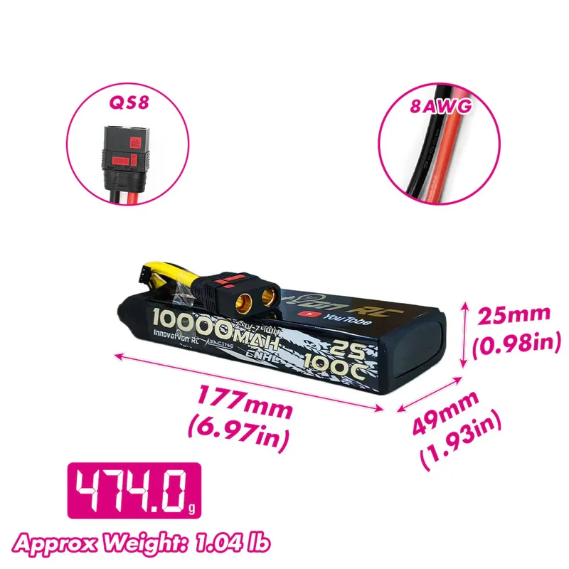 CNHL Racing Series 2S 10000mAh 7,4V 2S 100C Lipo Akku mit QS8-Stecker