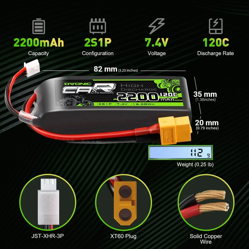 Ovonic Car 2S Lipo Akku 2200mAh 120C 7,4V RC Auto Lipo Akku mit XT60 (2 Stück)