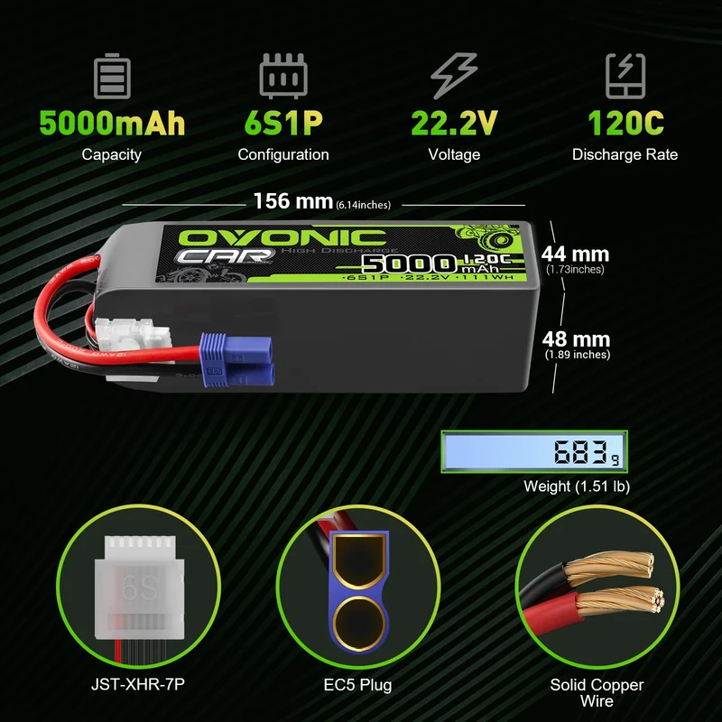 Ovonic Car 6S 5000mAh 22,2V 120C Lipo-Akkupack mit EC5-Stecker (2 Stück)