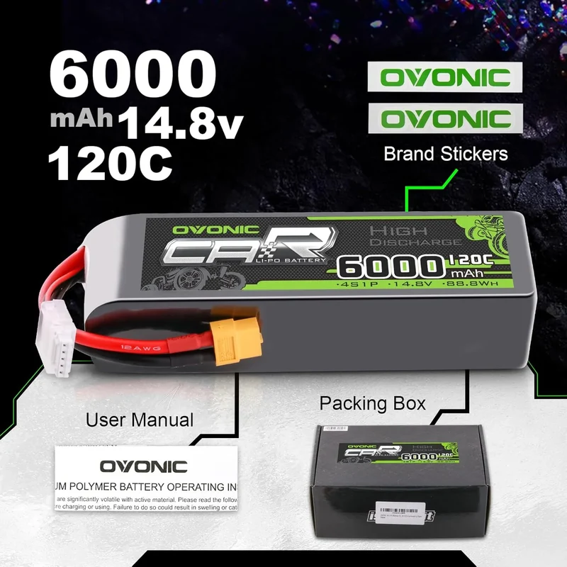 Ovonic Car 4S 6000mAh Lipo Akku 120C 14,8V RC Lipo Akku mit XT60 Stecker (2 Stück)