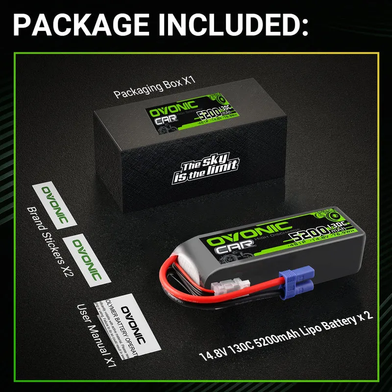 Ovoniv Car 4S 5200mAh Lipo Akku 130C 14,8V RC Lipo Akku mit EC5 Stecker (2 Stück)