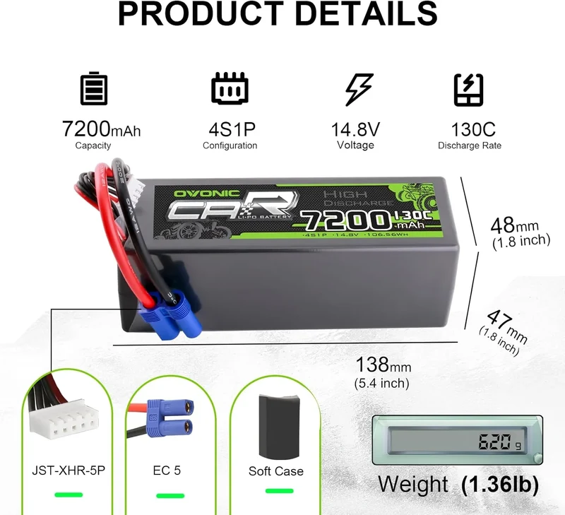 Ovonic Car 4S 7200mAh Lipo Akku 130C 14,8V RC Lipo Akku mit EC5 Stecker (2 Stück)