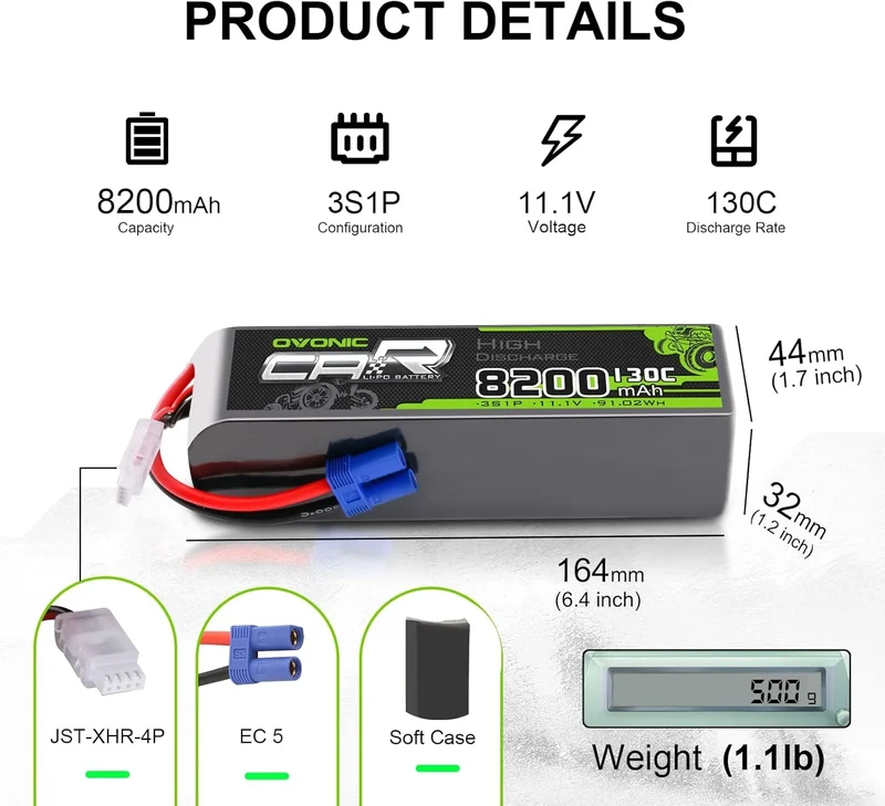Ovonic Car 3S 8200mAh Lipo Akku 130C 11,1V RC Lipo Akku mit EC5 Stecker (2 Stück)
