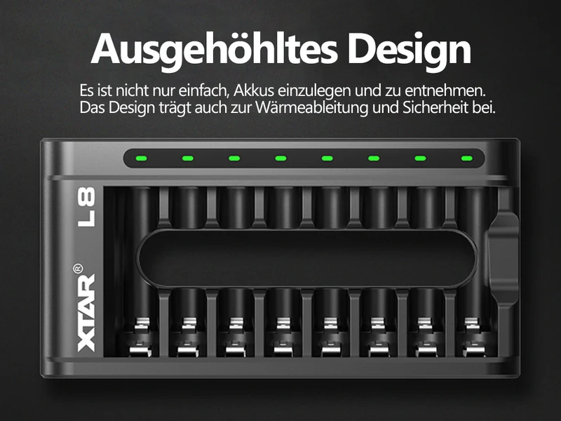 Xtar L8 – Ladegerät + 8x AA (Mignon) LR6 1,5V Li-Ion Akkus zzgl. USB QC3.0 Netzteil